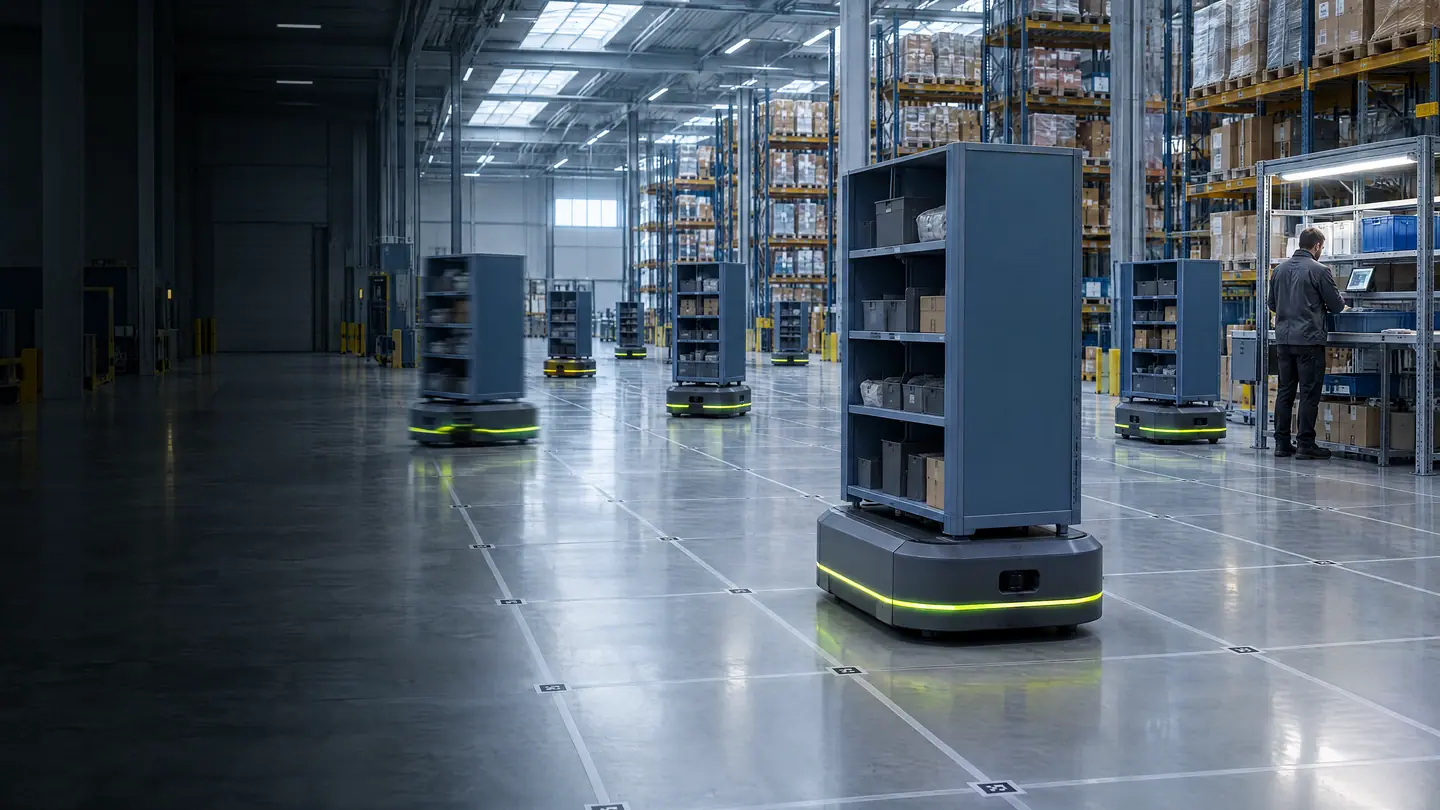 Een vloot Leantile-robots verplaatst stellingen in een distributiecentrum